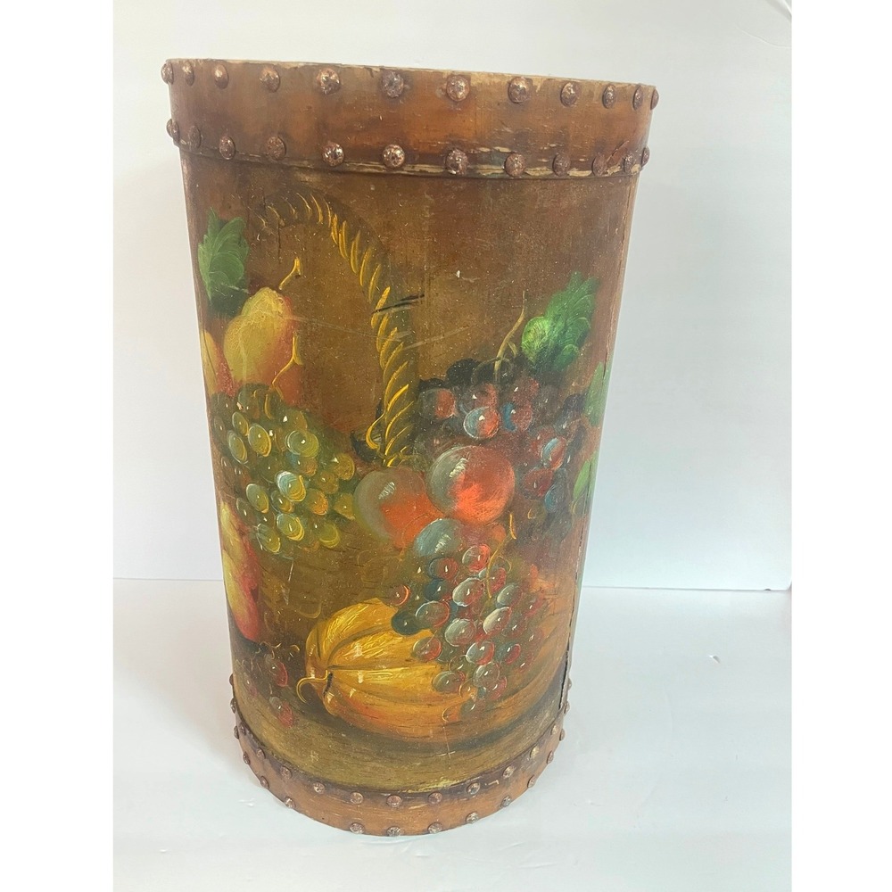 Vintage Hand Painted Tole Fruit Basket Umbrella Stand Tall Decorative Floor Vase